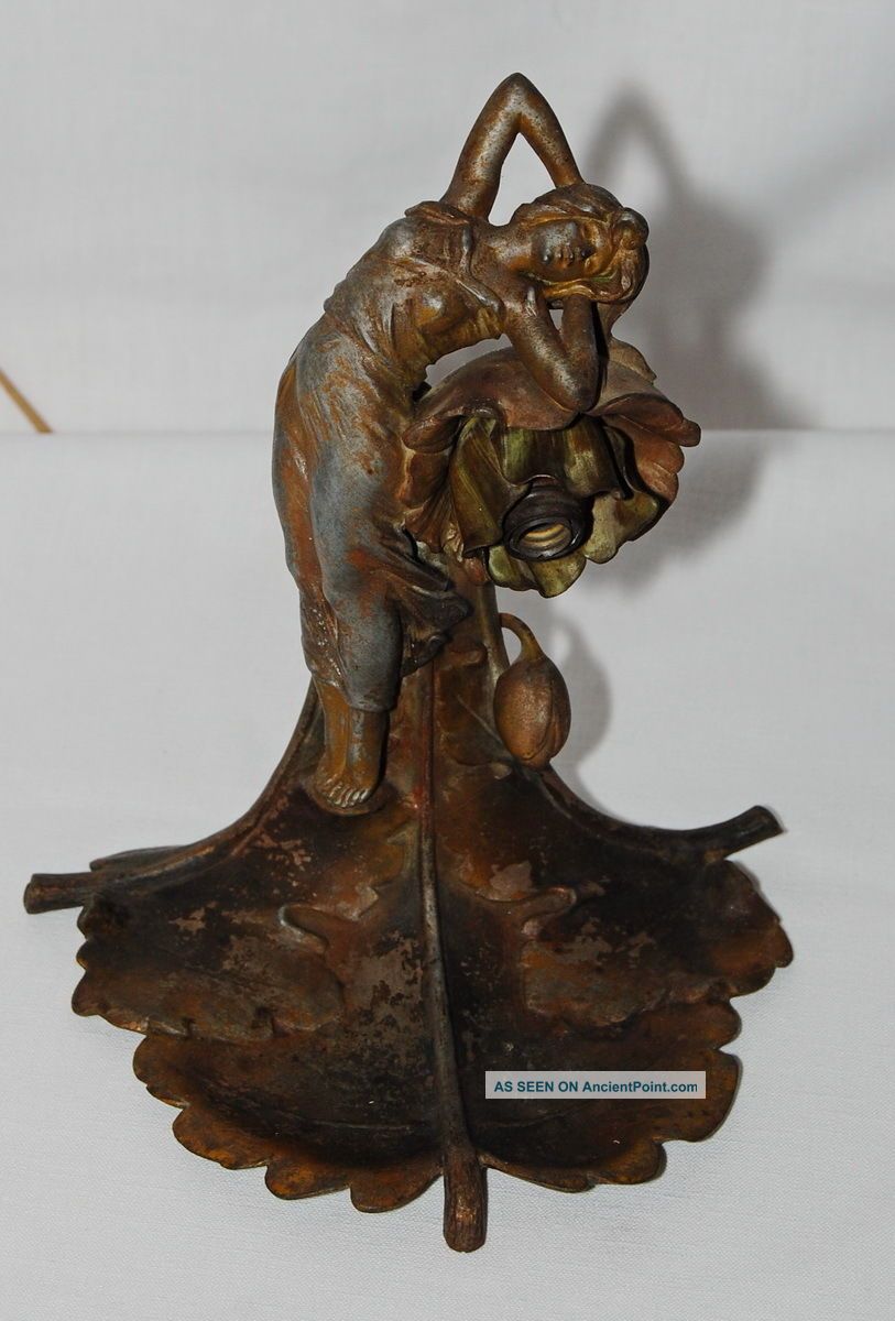 Art Nouveau Cast Metal Lady Lamp Poppy Flower Boudoir Lamp 1890 - 1905 Art Nouveau photo
