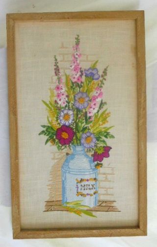 Vintage Needlework Milk Can Flowers Spring Pastel Mid Century Modern Framed photo