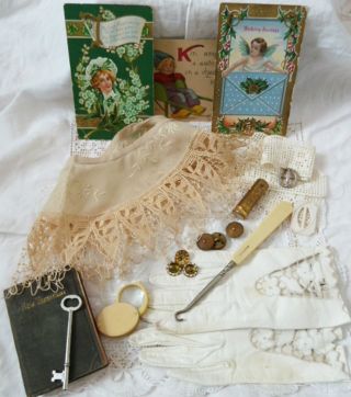 Antique Edwardian Leather Gloves,  Silk Collar Skeleton Key Postcards Buttons photo