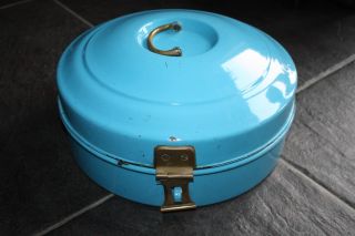Antique Enamelware Bread Box Bin Enamel Round Light Blue Rare Gorgeous photo
