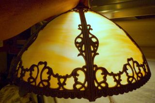Old Antique Art Deco Nouveau Mission Era Slag Stained Glass Lamp Shade Light photo