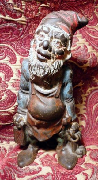 Antique Cast Iron Doorstop Door Stop Vintage Old In Paint Miner Gnome photo