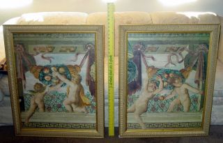 Retro Pair Cherub & Divine Fruit Prints In Large Gesso Gold Frames 34 