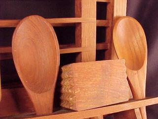 Teak Kitchen Tools Wall Rack 2 Spoons Mallet Masher Rolling Pin +2 Trivets Mcm photo
