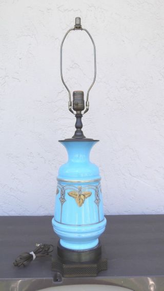 Mid - Century Modern Danish Blue Opaline Art Glass Ginger Jar Urn Lamp photo