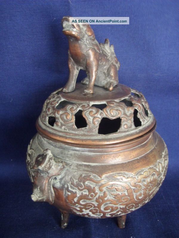 Antique Asian Incense Burner Rare,  Bronze,  W/ Dog Figurine Incense Burners photo