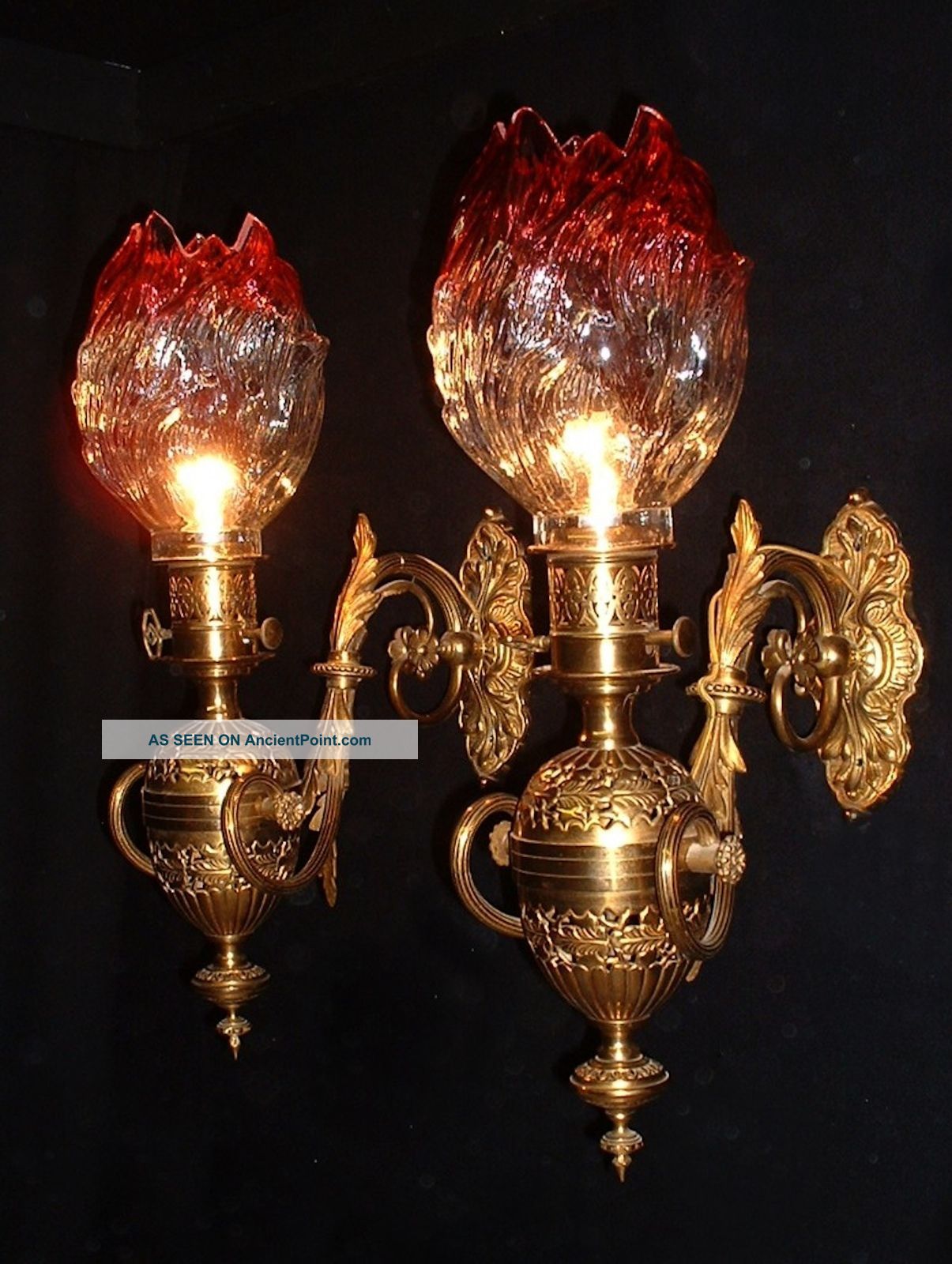 Antique Large French Copper Electrified Gas Sconces With Crystal Glass Shades Chandeliers, Fixtures, Sconces photo