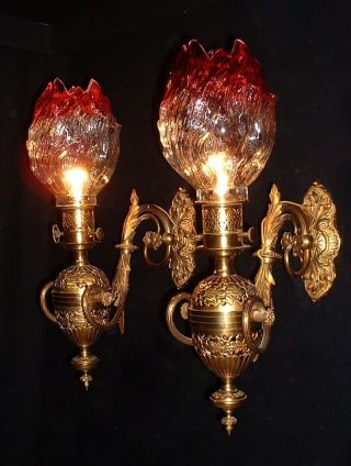 Antique Large French Copper Electrified Gas Sconces With Crystal Glass Shades photo