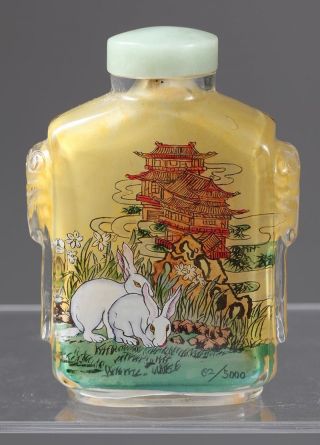 China Chinese Reverse Painted Rabbits Decor Glass Snuff Bottle Ca.  20th C. photo