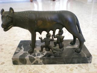 Real Bronze Sculpture Capitoline Wolf Remus Romulus,  Statue Over 100 Years Old. photo