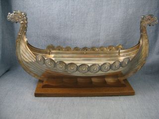 Silver Plate Viking Ship Sculpture With Wood Stand - Haase Norway photo