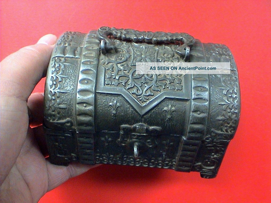 Marvelous Antique Decorated Pewter Casket With Hallmark Metalware photo