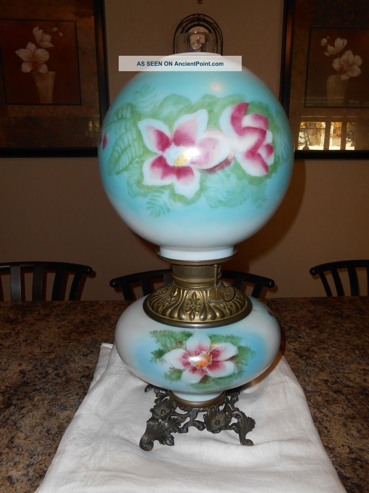 Antique Victorian Gone With The Wind Fostoria Oil Lamp Hand Painted Lamps photo