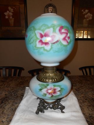Antique Victorian Gone With The Wind Fostoria Oil Lamp Hand Painted photo