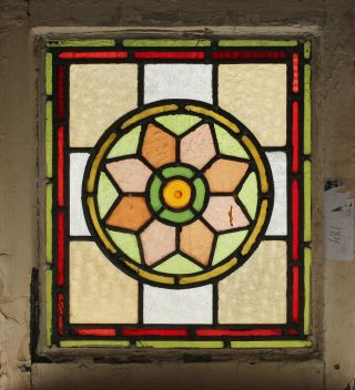 Fabulous Antique Stained Glass Window Eight Colors : Hand Blown Rondelle Center photo