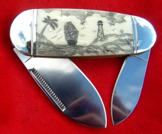 Authentic Nautical Scrimshaw Art,  Tall Ship,  Lighthouse,  Folding Knife/knives photo