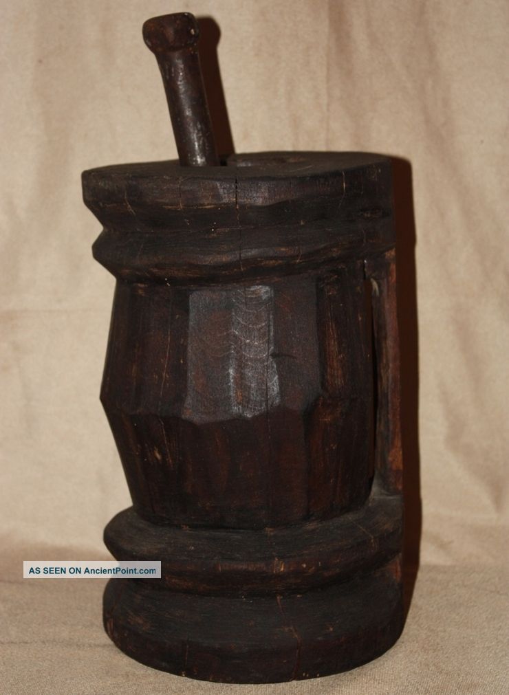 Ottoman Turkish Wooden Mortar Carved From One - Piece Wood W/ Iron Pestle Islamic photo