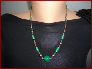 Jakob Bengel Art Deco Green /uranium Glass Beads And Chrome Necklace Marked Jb photo