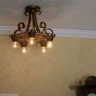 {{amazing Pair }} 20 ' 30 ' S Art Nouveau Ceiling Lamp Light Polychome Finish Set photo
