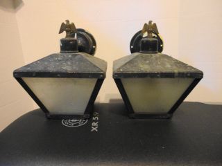 Two Large Vintage Painted Copper Light Fixtures With Eagle Finials photo