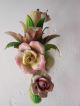 C 1940 French Tole Porcelain Roses Sconces Vintage Old Chandeliers, Fixtures, Sconces photo 9