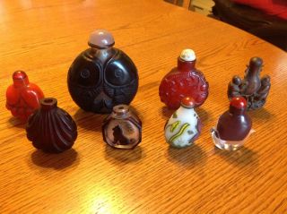 Eight Chinese Snuff Bottles - Vintage,  Includes 7 Glass & 1 Wood photo