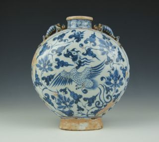 Chinese Blue And White Porcelain Phoenix Design Flat Vase photo