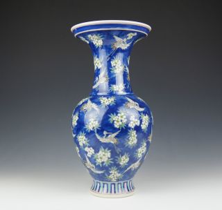 Chinese Blue Glazed Background Porcelain Crane Design Vase photo