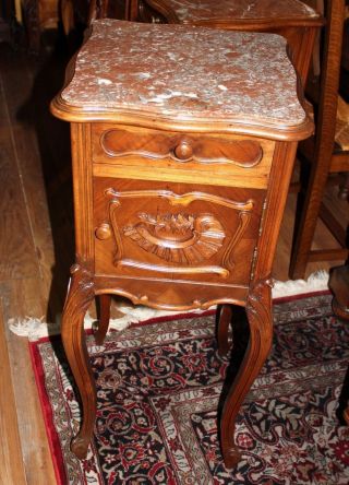 Antique French Walnut Louis Xv Marble Top Nightstand photo