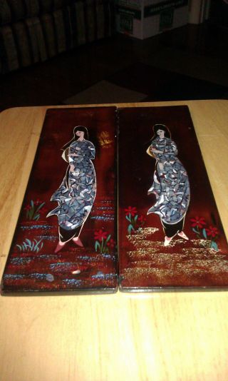 Set Oftwo Antique Lacquer Mother Of Pearl Inlay Wall Art Japanese Ladies photo