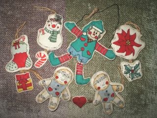 Folk Art Ornaments,  Front Is Soft Stuffed,  Burlap Hanger,  & Rope String Style Trim photo