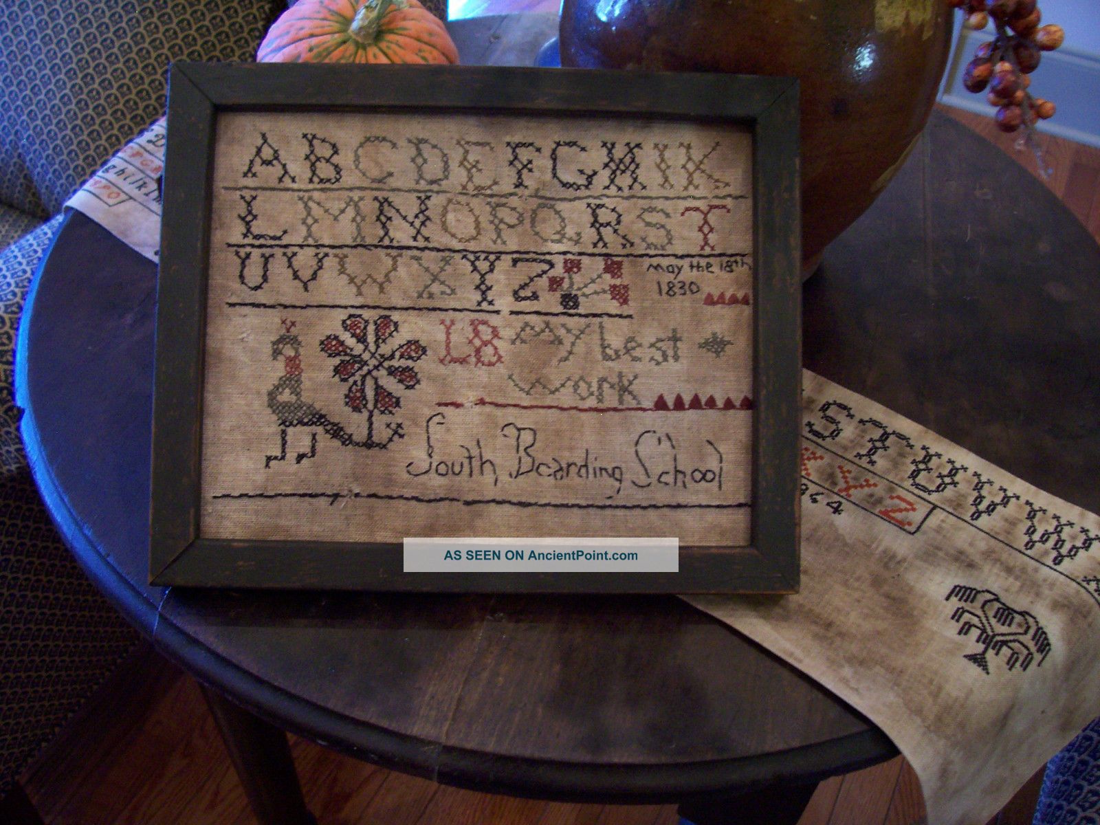 Early Naive Styled 1830 School Girl Motif Sampler (lb) Primitives photo