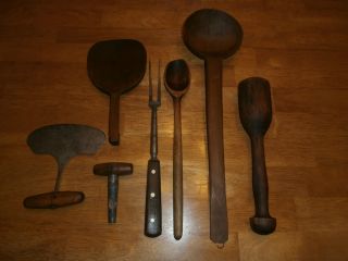 7 Antique Primitive Kitchen - Farm Utensils Wood & Steel Tap/spout Spoon Paddle ++ photo