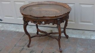 Antique French Mahogany Carved Oval Tea/coffee Table With Removable Glass Tray photo