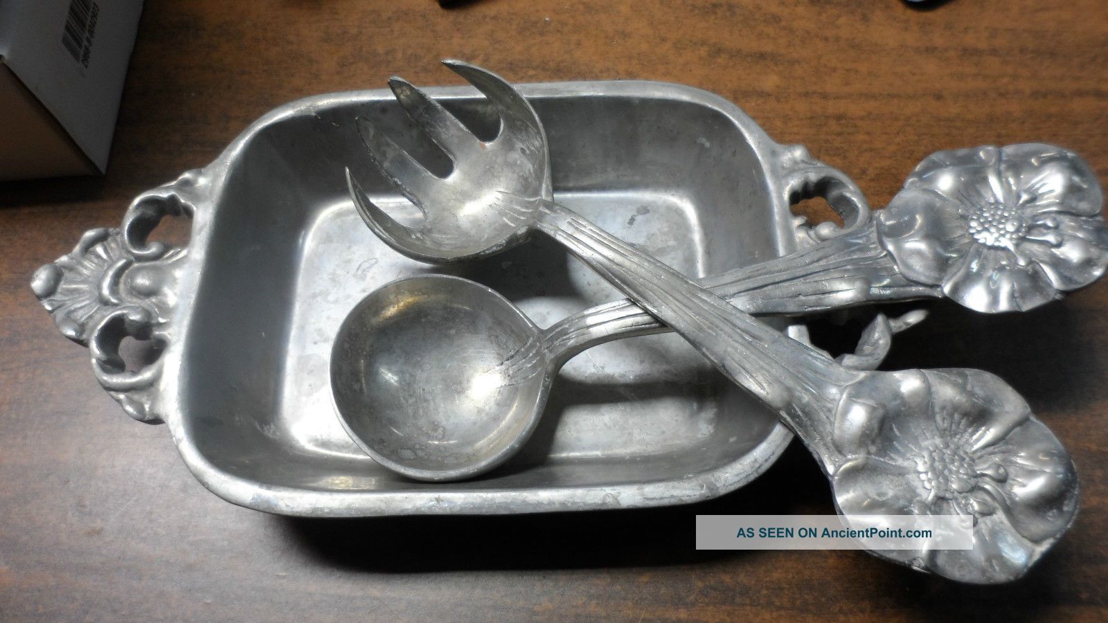 Pretty Stainless Steel,  Pewter,  ? Server Tray With Spoon And Fork Metalware photo