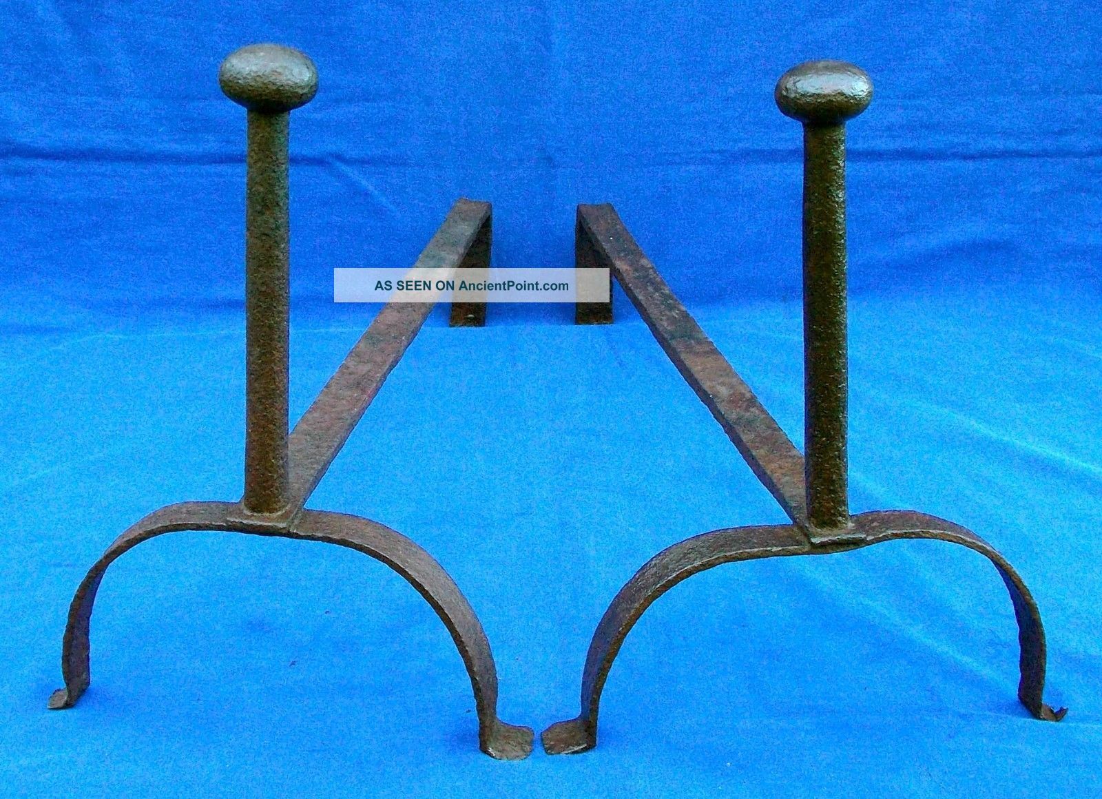 Rare Small Primitive French Wrought Iron Ball - Top Andirons,  Circa 1750 Metalware photo