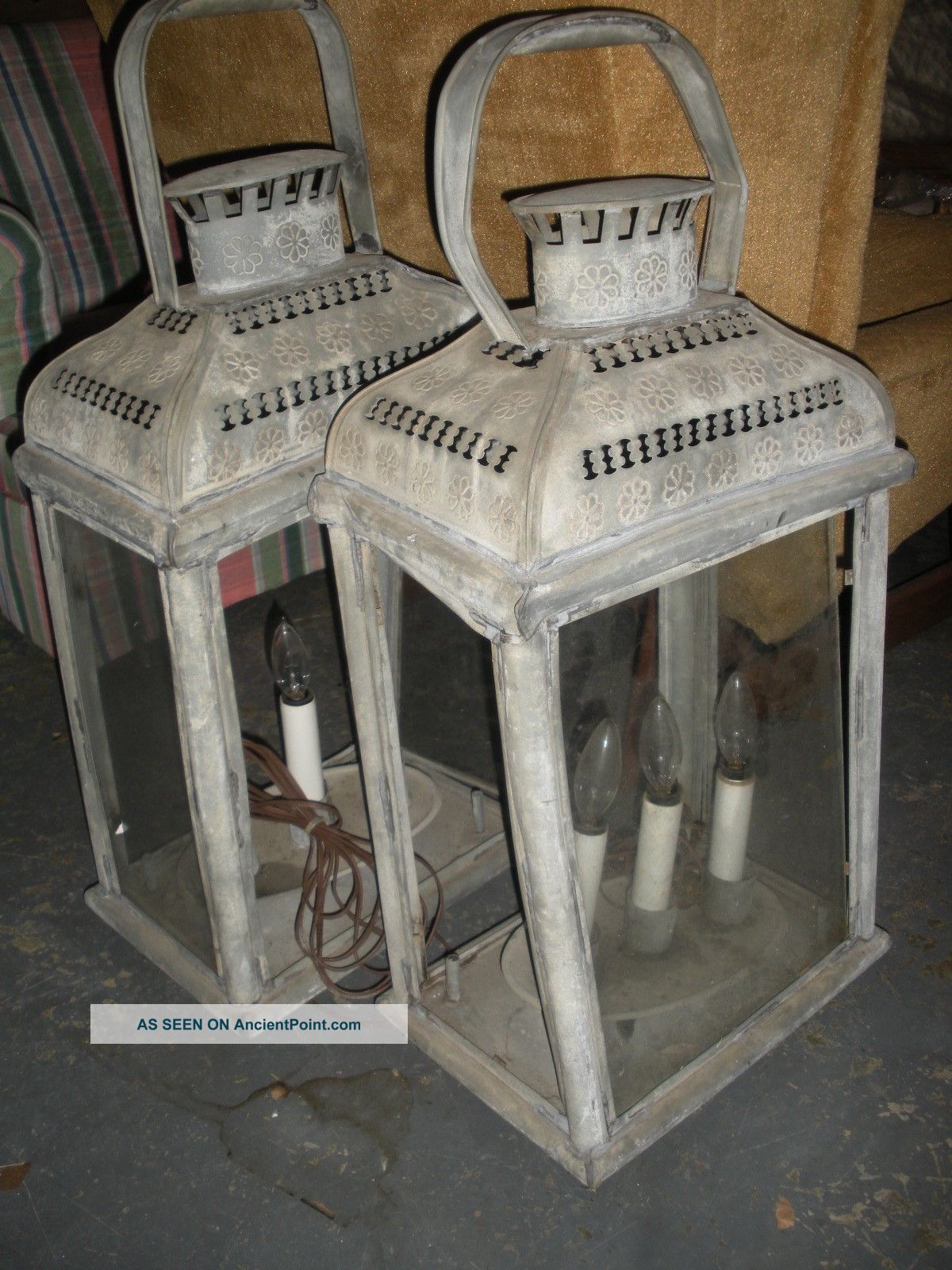 Antique Primitive Zinc Lantern Pair 31 