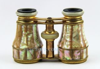 Antique French Opera Glasses Double Golden Mother Of Pearl 189 Paris photo