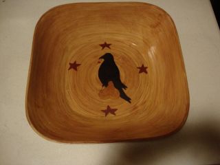 Country Large Wood Decor Bowl /painted Crow /star Design /nice Centerpiece Bowl photo