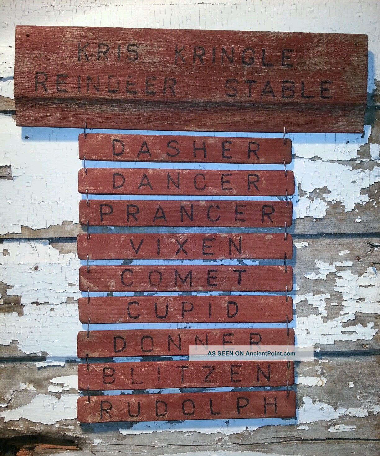 Primitive Old Early Worn Cabin Kris Kringle Reindeer Stable Wood Sign Christmas Primitives photo
