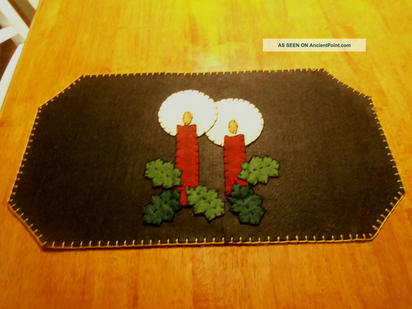 Handmade Penny Rug Table Runner Christmas Candles And Holly Primitives photo