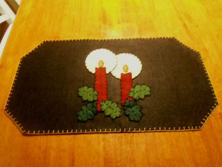 Handmade Penny Rug Table Runner Christmas Candles And Holly photo