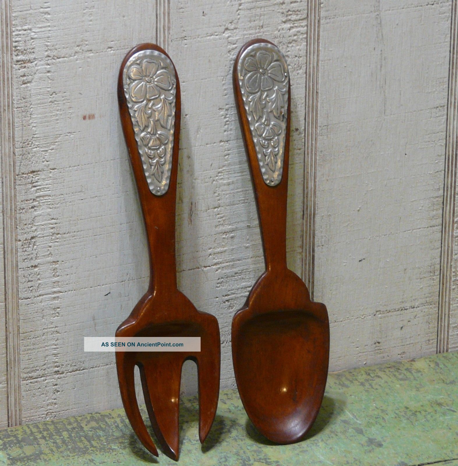 Set Of Two Wood And Metal Large Spoon And Fork Primitives photo