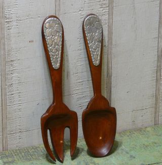 Set Of Two Wood And Metal Large Spoon And Fork photo