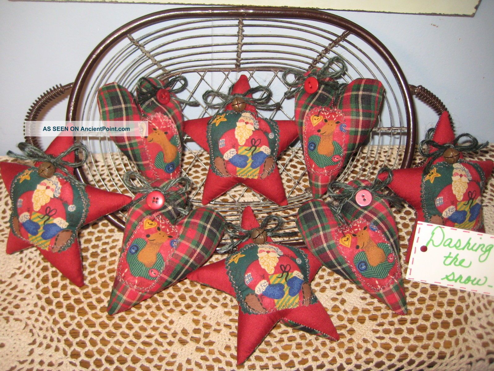 Primitive Handmade Santa Reindeer Christmas Fabric Star Heart Ornies Ornaments Primitives photo