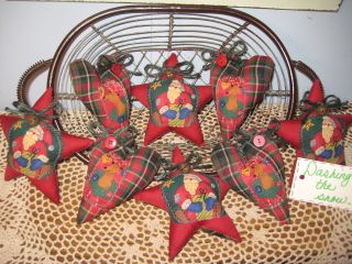 Primitive Handmade Santa Reindeer Christmas Fabric Star Heart Ornies Ornaments photo