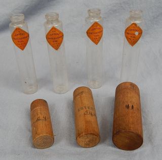 4 Century Prescription Vials (glass) 3 Wooden Prescription Containers photo