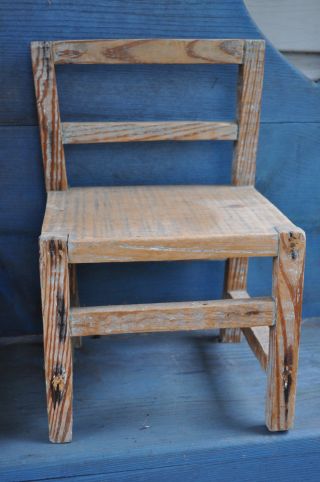 Primitive Wood Child ' S Chair Old Blue Paint Country Folk Art Decor Estate Find photo