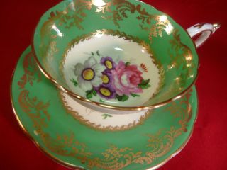 Paragon Tea Cup And Saucer Wide Green Band With Floral And Gold Gilt C1939 photo