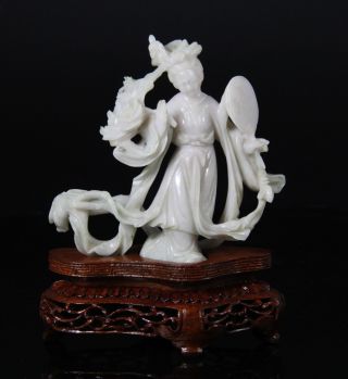 White And Green Jade Carved Statue Of Standing Meiren With Stand photo